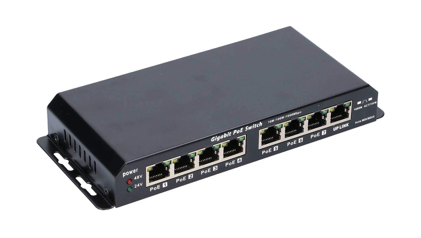 Black Gigabit PoE switch with 8 ports, labeled on top.