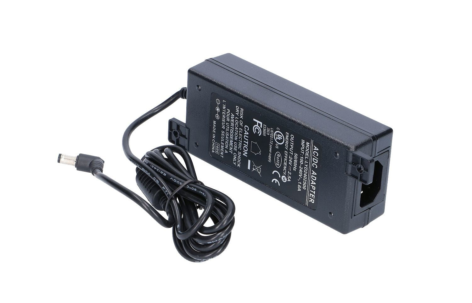 Black AC/DC adapter with cord and plug. Labels and certifications are visible.