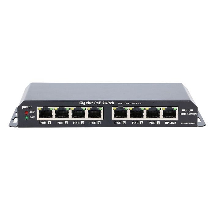 A black Gigabit PoE switch with 8 ports and power indicators.