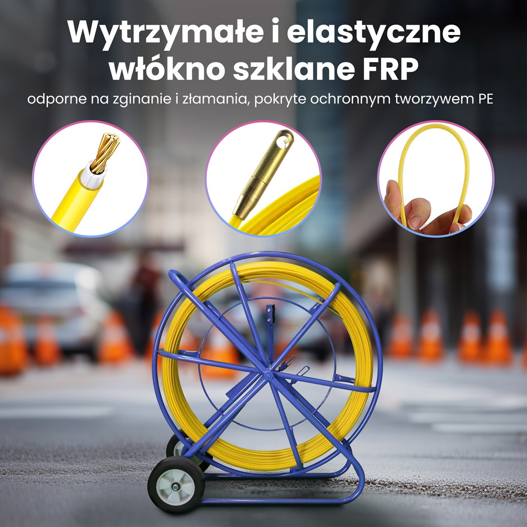 Żółty kabel z włókna szklanego na niebieskiej rolce, z zbliżeniami włókien.
