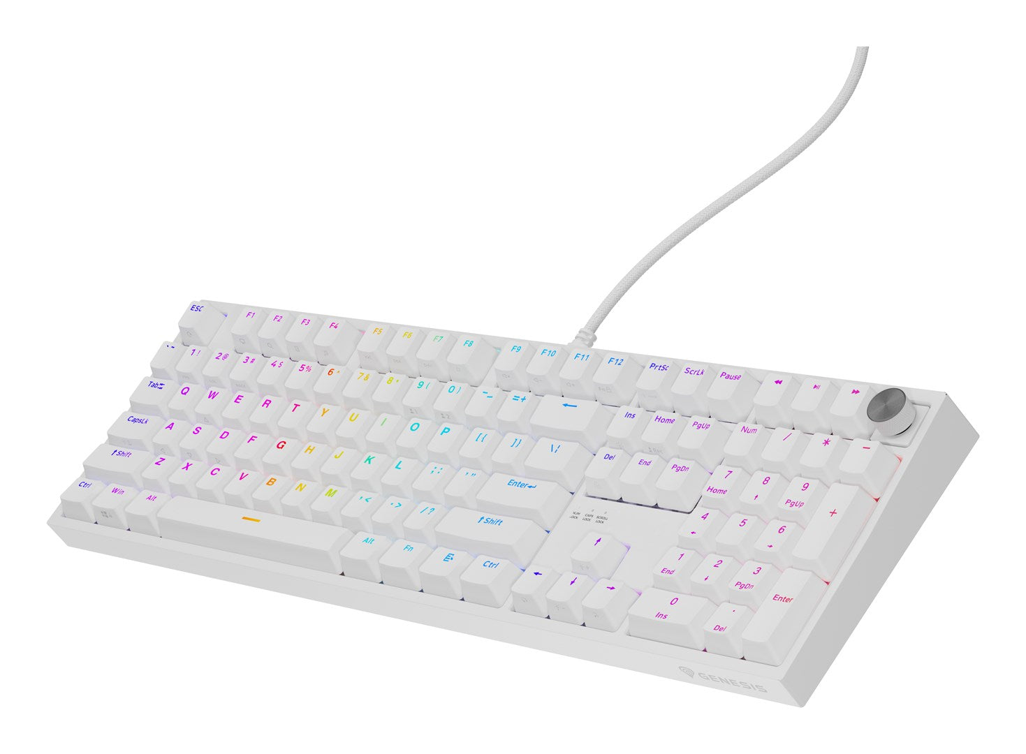Biała klawiatura z podświetlanymi klawiszami RGB i pokrętłem.