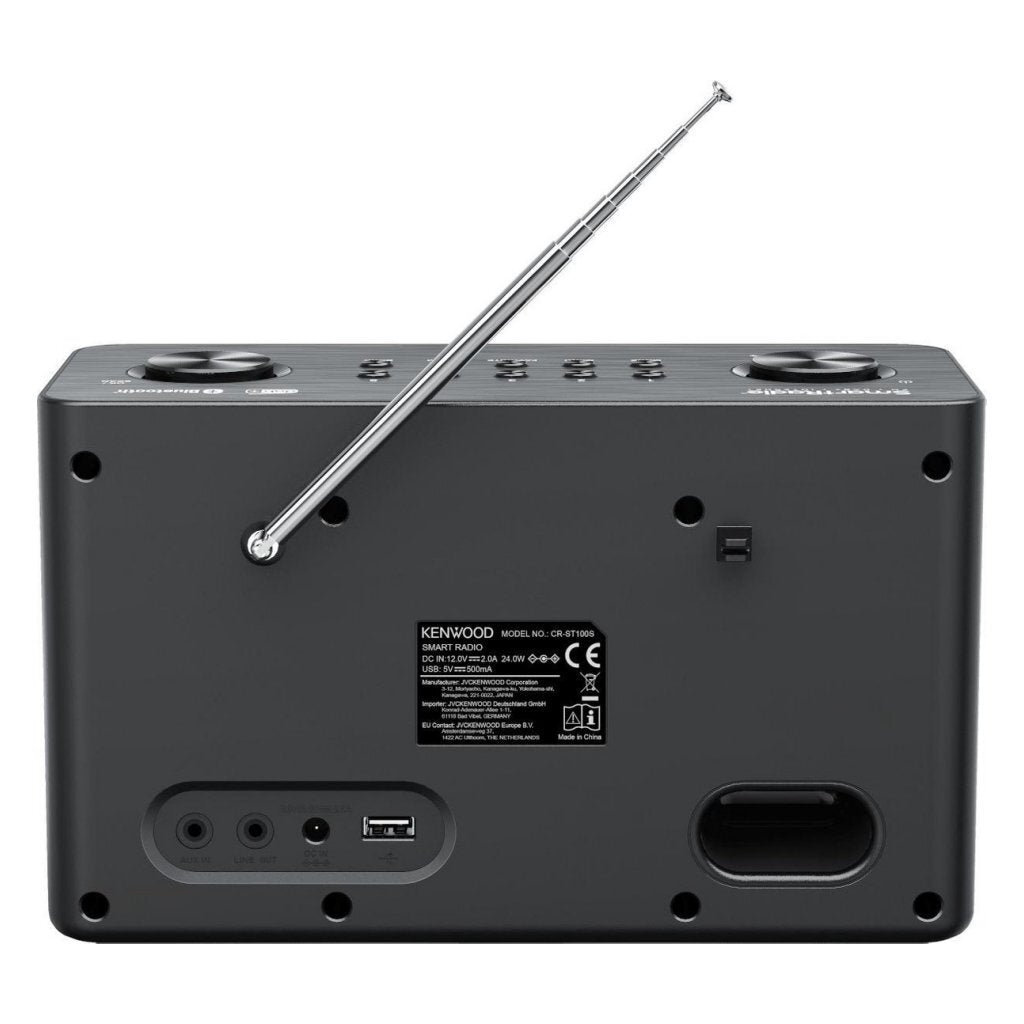 Arrière d'une radio intelligente Kenwood noire avec antenne étendue et ports.