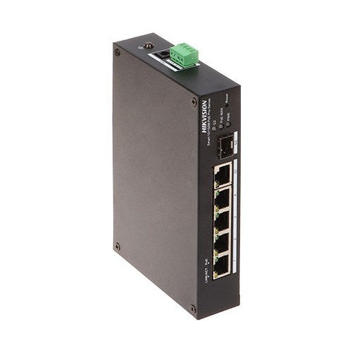 Black Hikvision network switch with 5 Ethernet ports and a green terminal block.