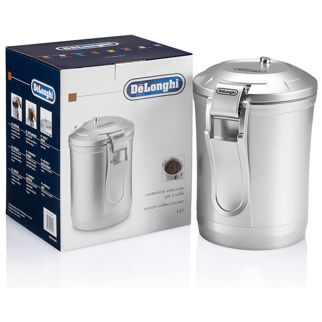 Gümüş DeLonghi vakumlu kahve kutusu kapalı mandalla. Solunda ambalajı.