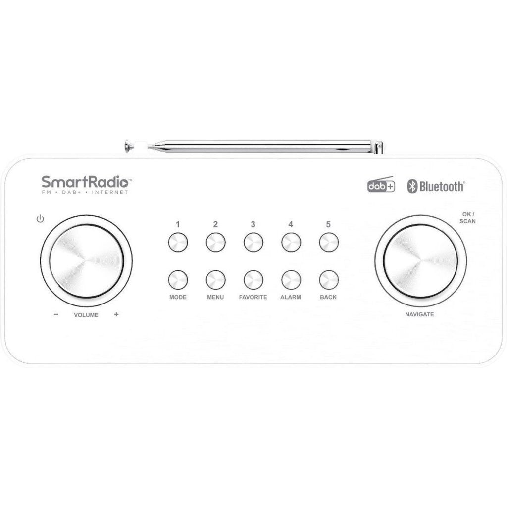 Ein weißes SmartRadio mit Drehreglern, Tasten und ausziehbarer Antenne.