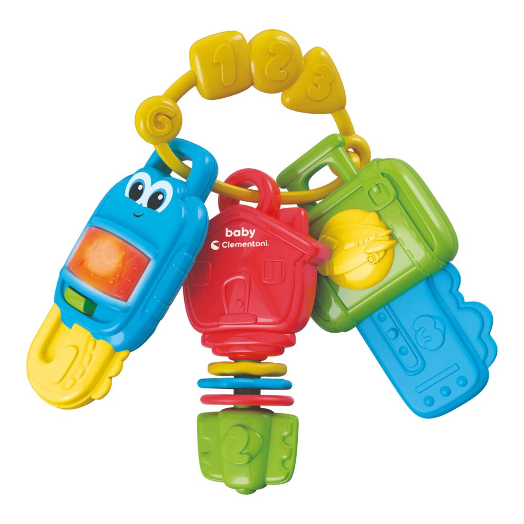 Chiavi giocattolo per bambini colorate con casa, telefono e numeri su anello.