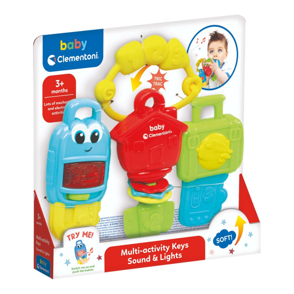 Gioco di chiavi multi-attività Baby Clementoni con forme di chiavi blu, rosse e verdi.