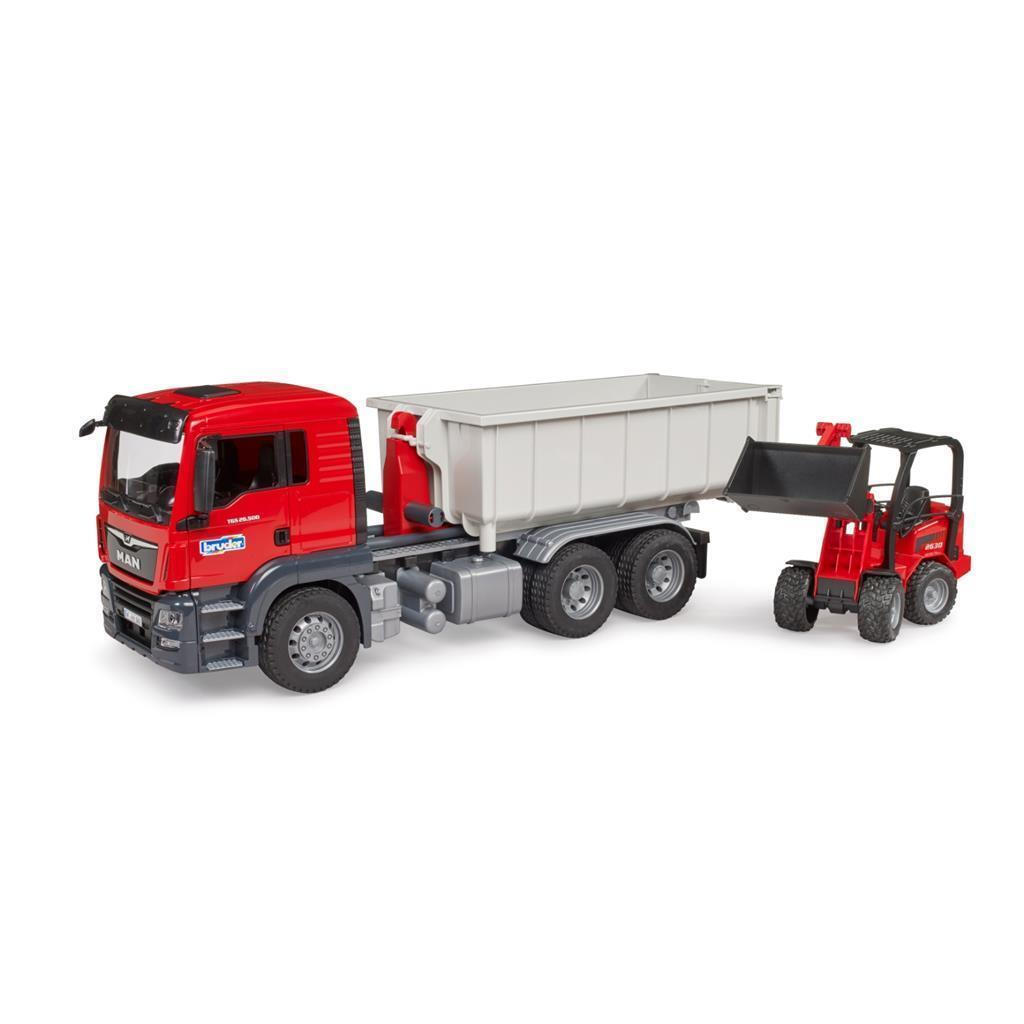 Ein roter LKW mit weißem Container und ein roter Radlader.