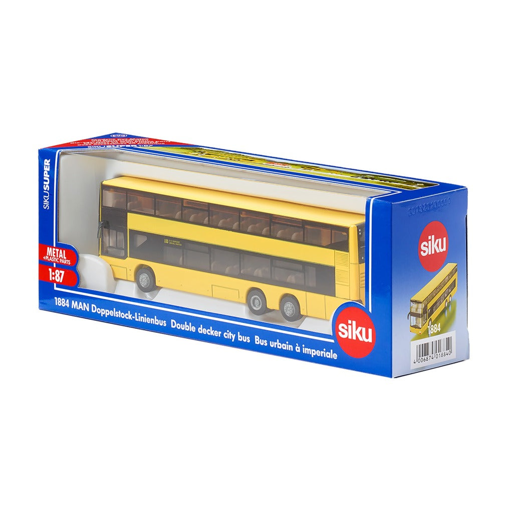 Gelber Doppeldeckerbus-Spielzeug in Verpackung, Maßstab 1:87.