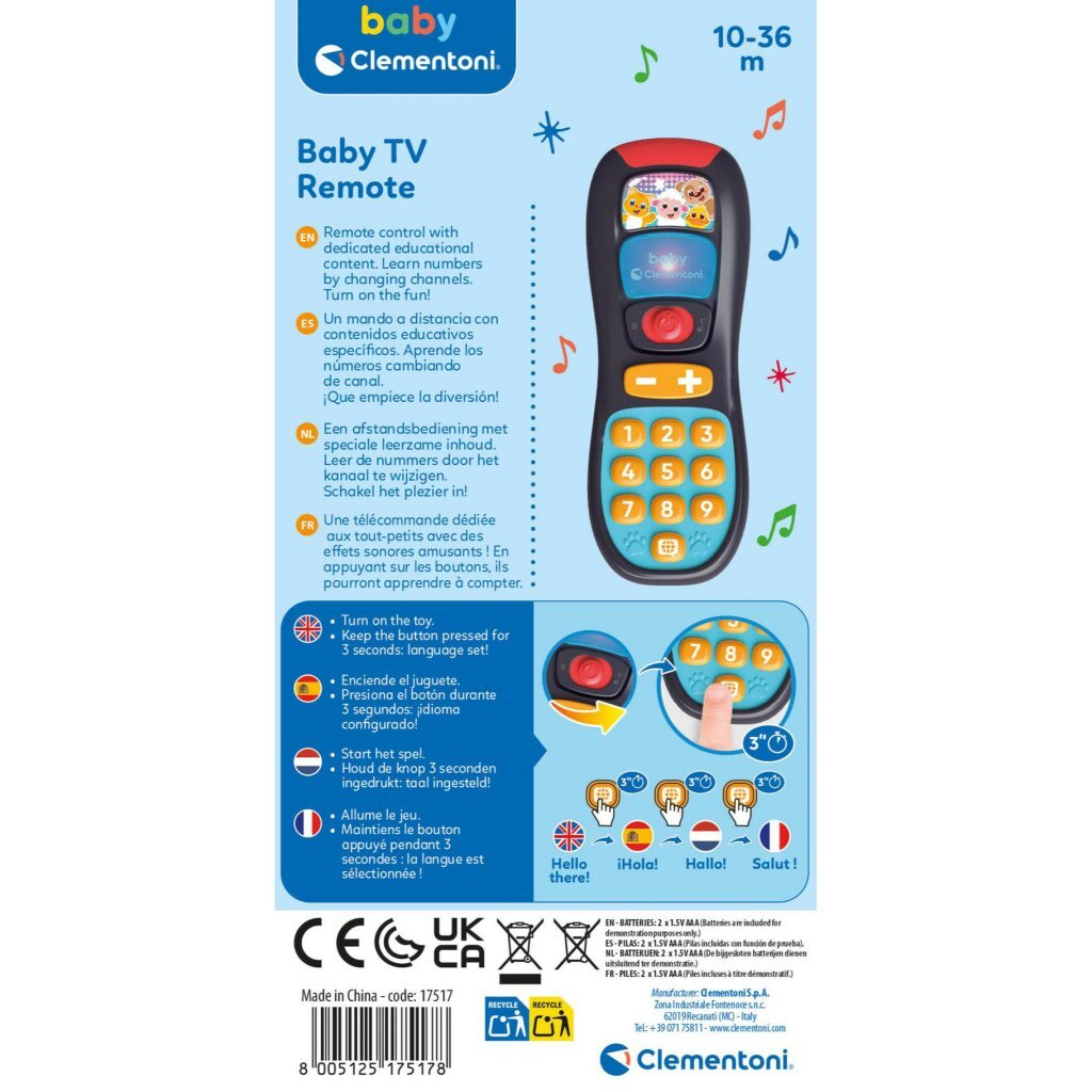 Pilot Baby TV z kolorowymi przyciskami i ikonami głośnika. Czerwona góra, czarny dół.