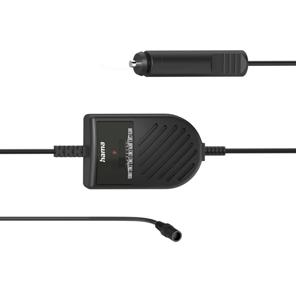 Ein schwarzer Hama Netzadapter mit verschiedenen Spannungs- und Ampere-Einstellungen.