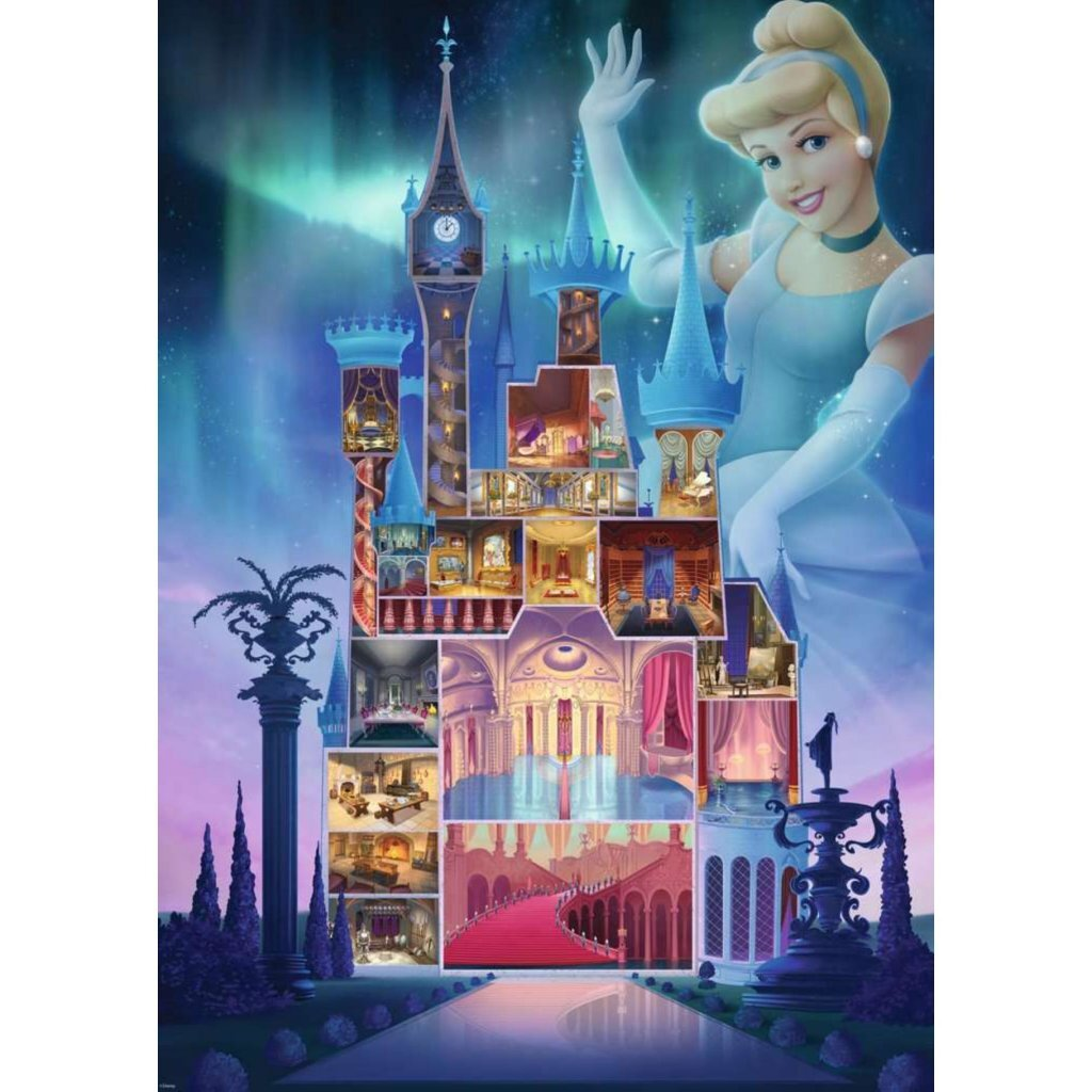 Cenerentola saluta da un castello a sezione con cielo di aurora boreale.