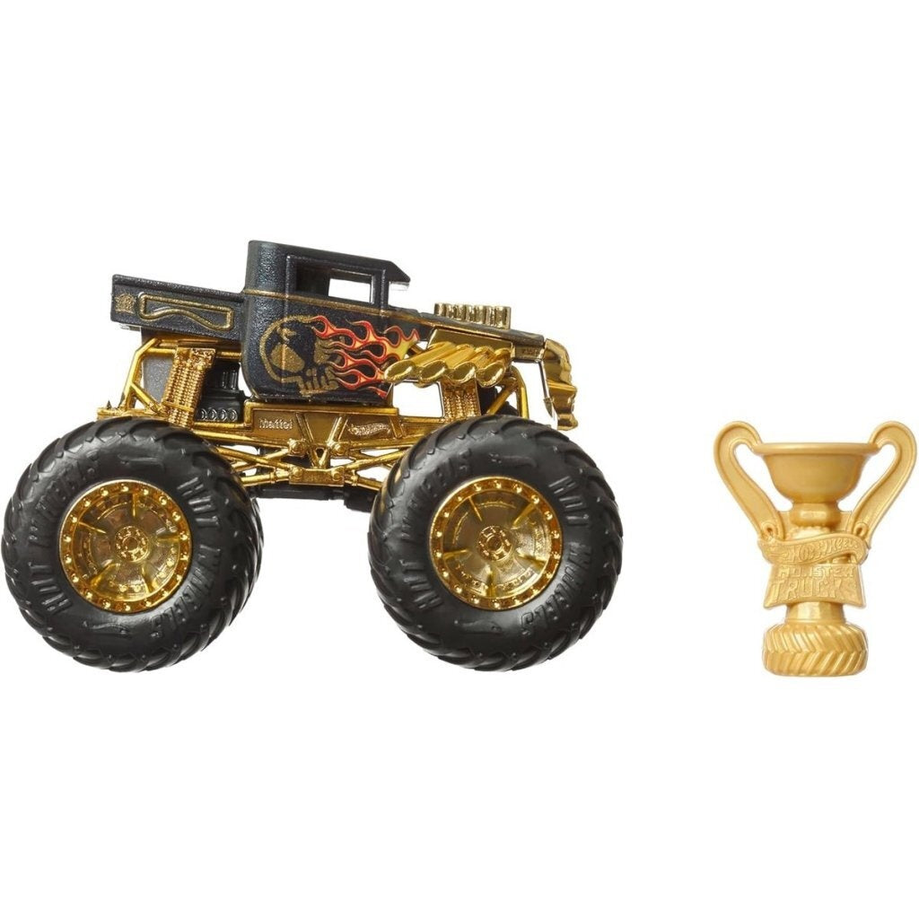 Ein schwarzer und goldener Monster-Truck mit Flammen-Design und eine goldene Trophäe.