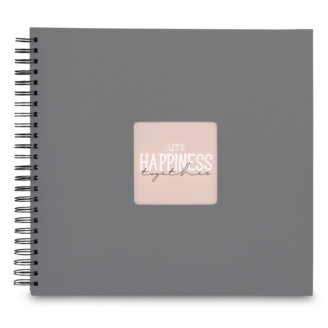 Grauer Spiralalbum mit rosa Einleger, auf dem steht: LET'S HAPPINESS TOGETHER.