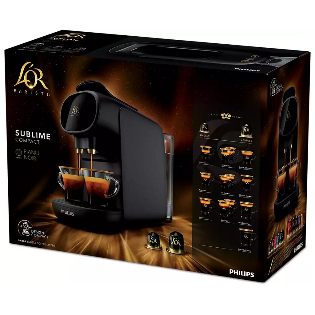 L'OR Barista Sublime Compact Kaffeemaschine, schwarz, mit zwei Tassen Espresso.
