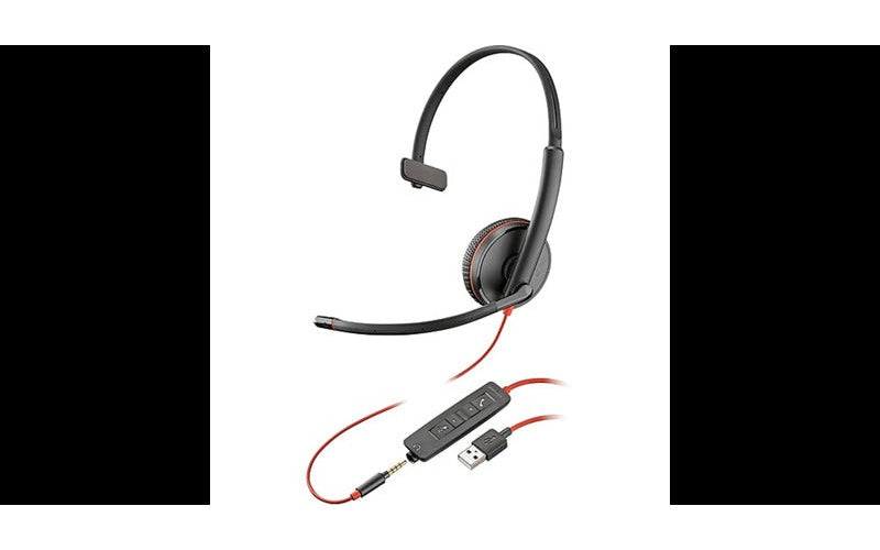 Auriculares negros con micrófono, cable rojo y conector USB.