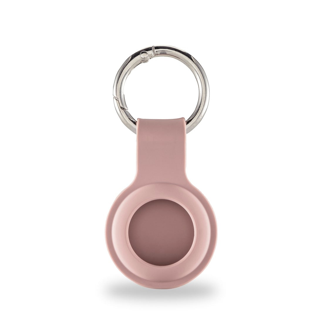 Un portachiavi rosa cipria con un anello argentato e un supporto circolare.
