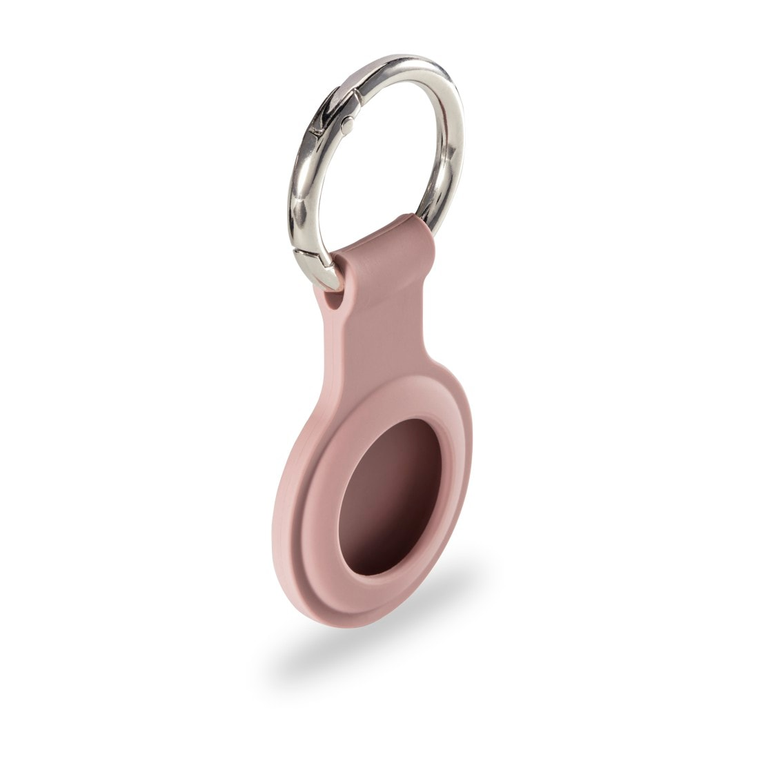 Un supporto in silicone rosa con portachiavi argentato.