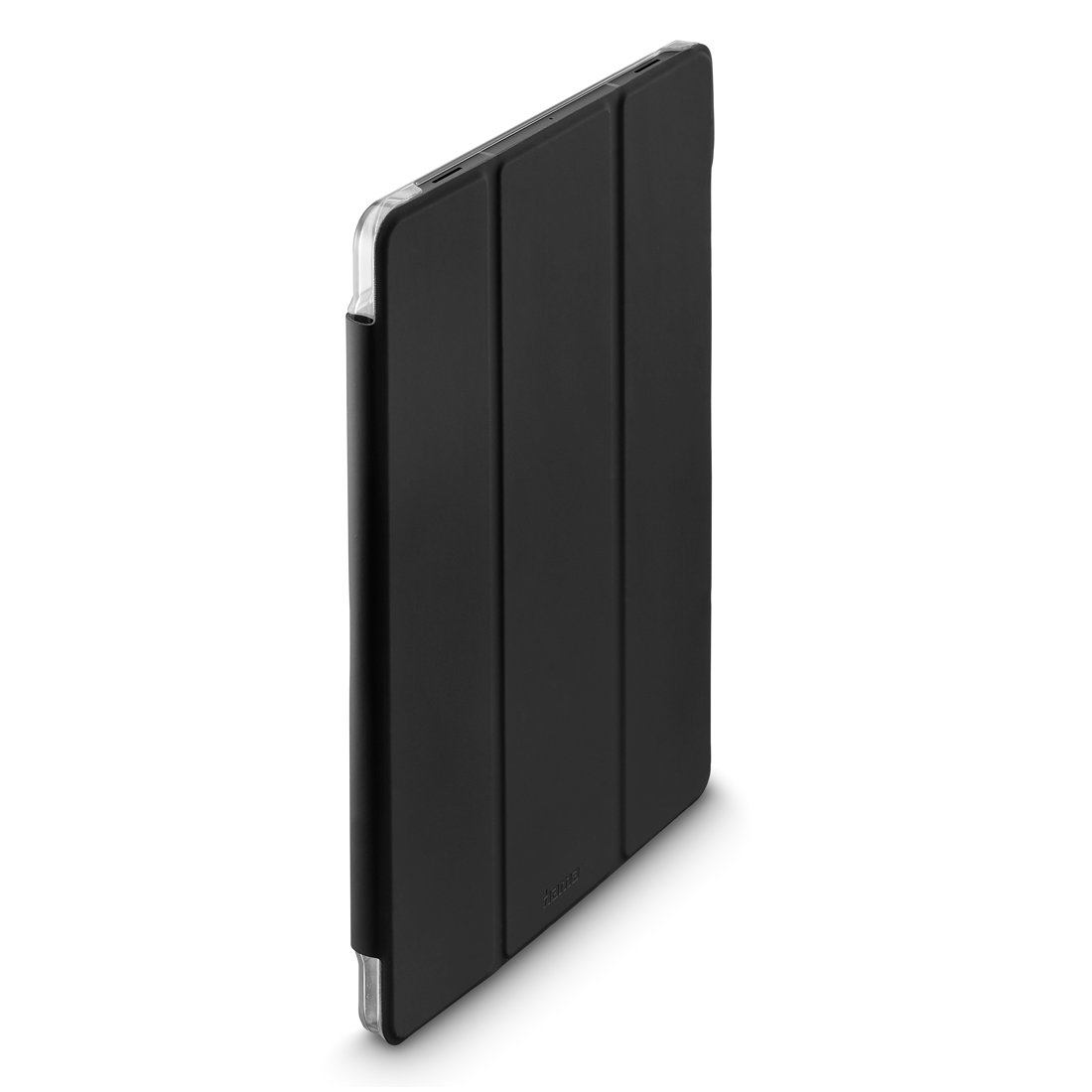 Czarna okładka na tablet z trzema zgięciami i przezroczystą krawędzią.