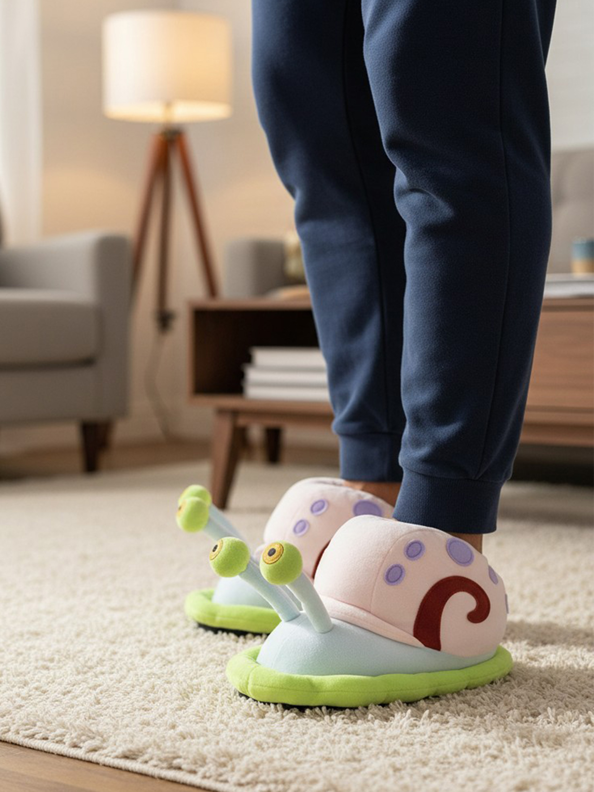 Person trägt Socken-Hausschuhe in Form einer Schnecke auf einem Teppich.