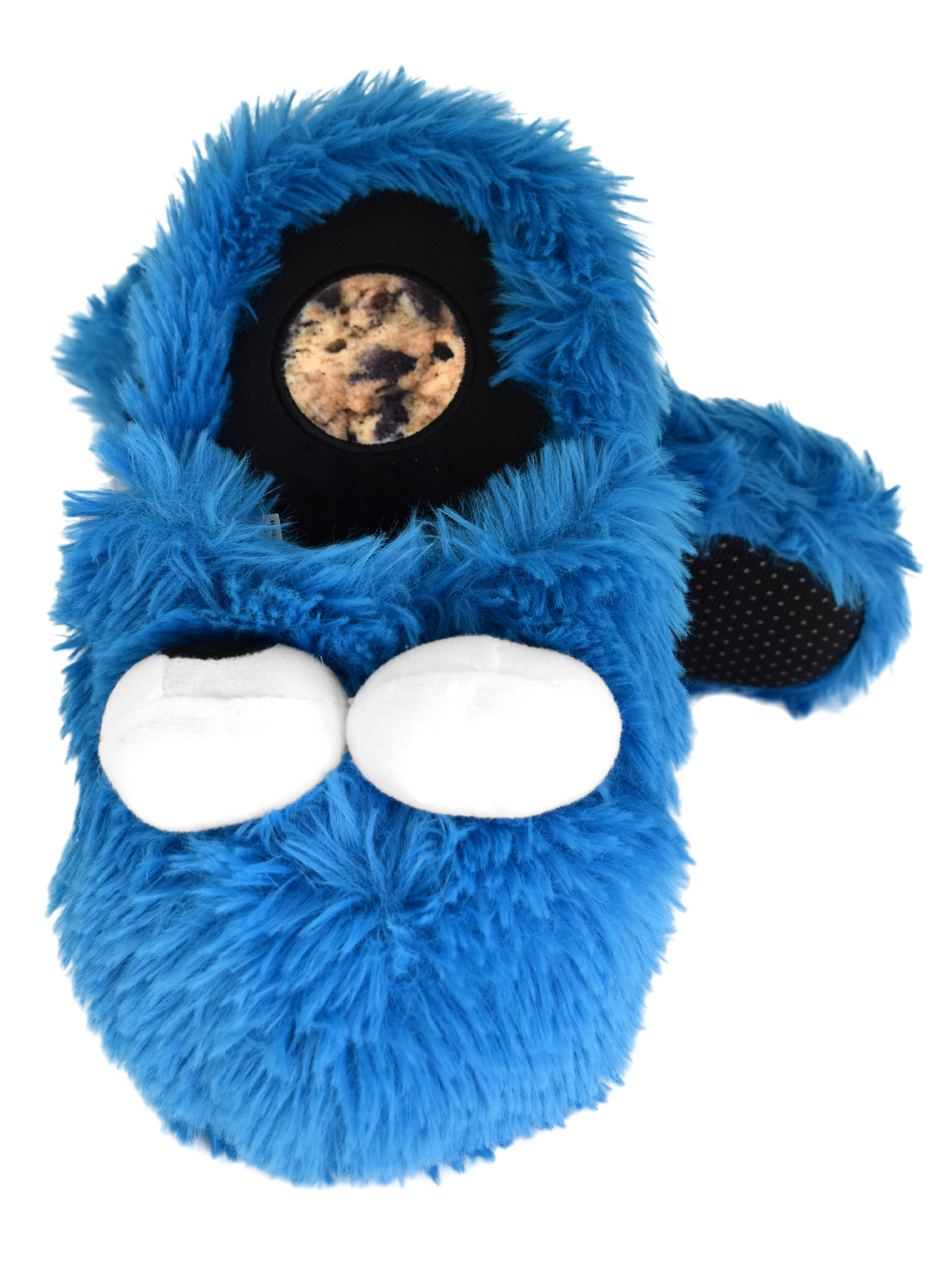 Blaue Krümelmonster-Hausschuhe mit weißen Augen und schwarzer Sohle.