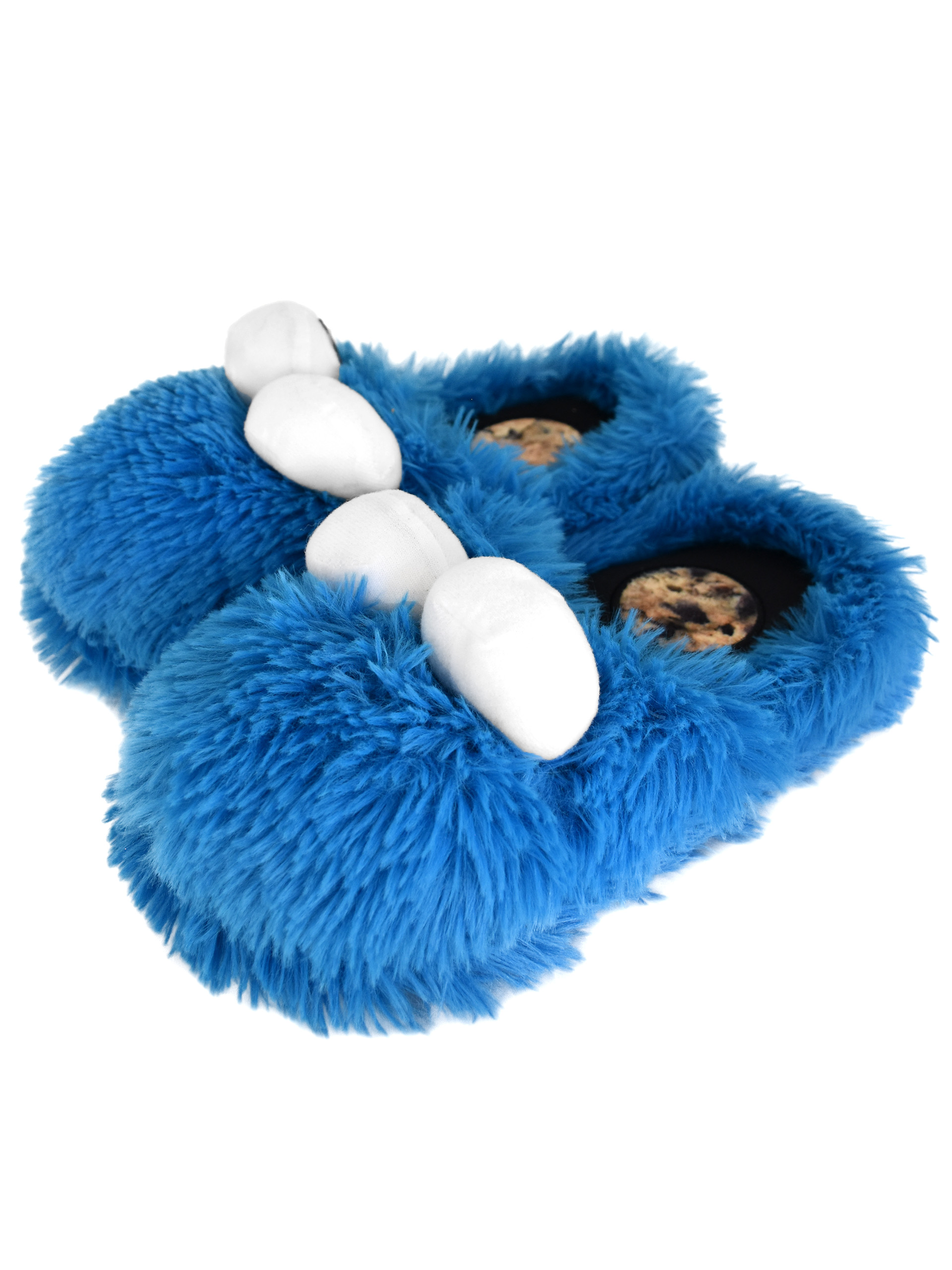 Blaue flauschige Krümelmonster-Hausschuhe mit weißen Augen und Keks-Einlagen.