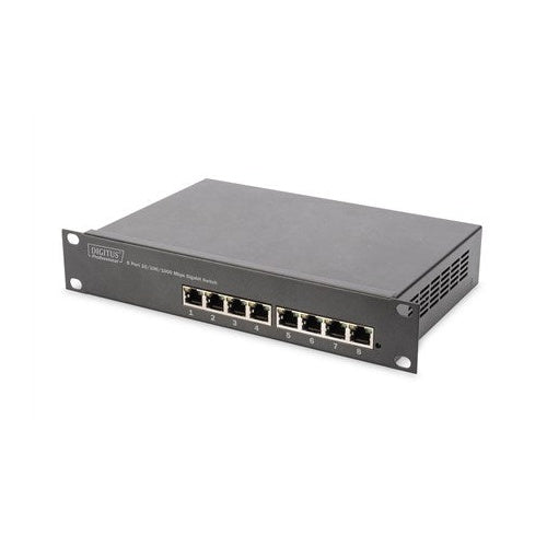 Ein schwarzer 8-Port Gigabit-Switch mit nummerierten Anschlüssen auf der Vorderseite.