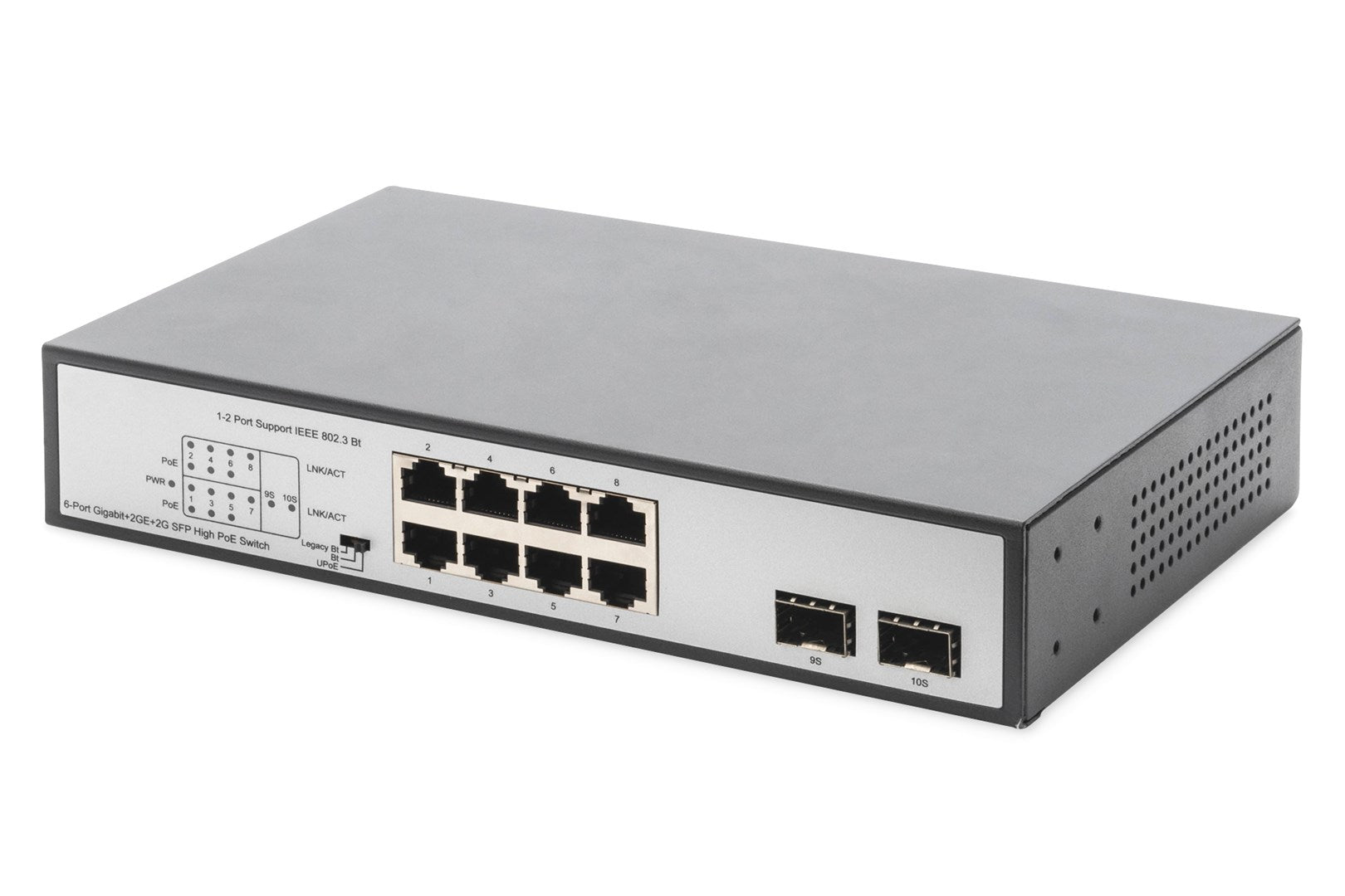 Ein grauer Netzwerk-Switch mit 8 Ethernet-Ports und 2 SFP-Ports.