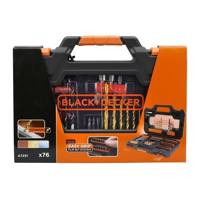 Estuche negro con juego de brocas Black+Decker, con asa naranja.