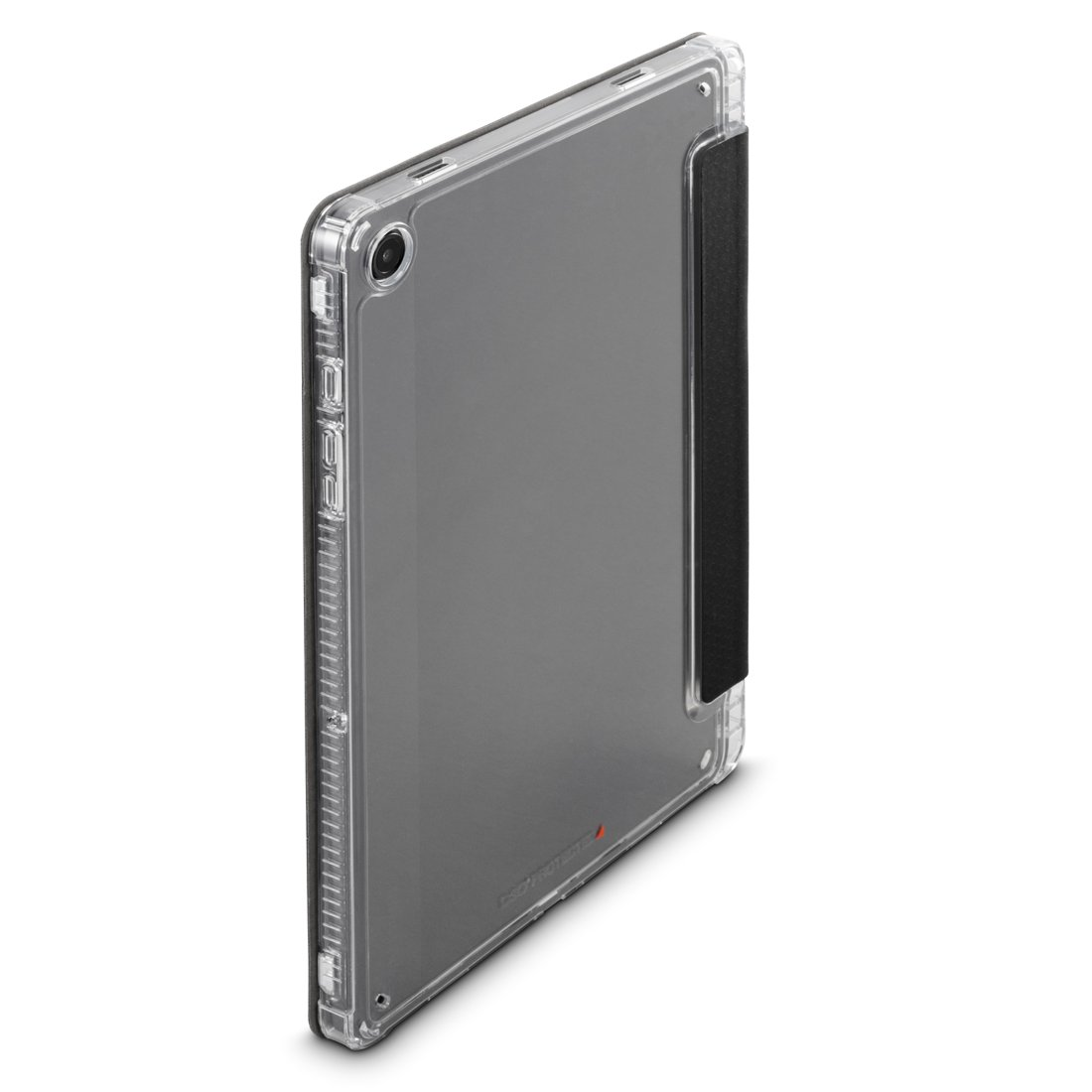 Przezroczyste etui na tablet z czarnym paskiem z boku.