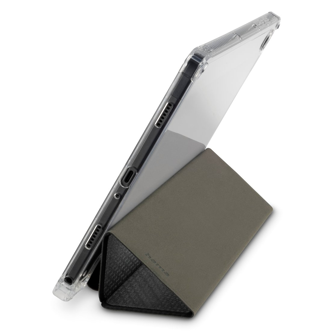 Przezroczysty tablet w szarej obudowie, oparty o białe tło.