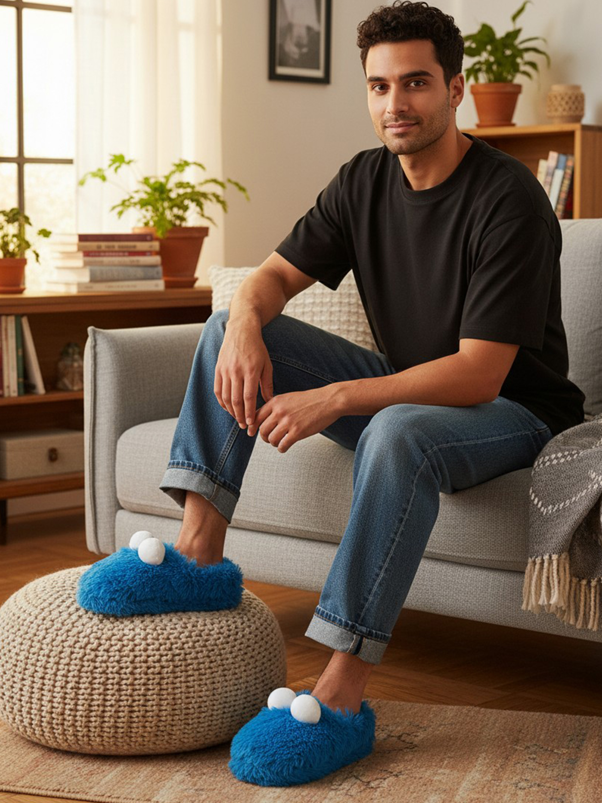 Ein Mann sitzt auf einem Sofa und trägt blaue Krümelsmonster-Hausschuhe.