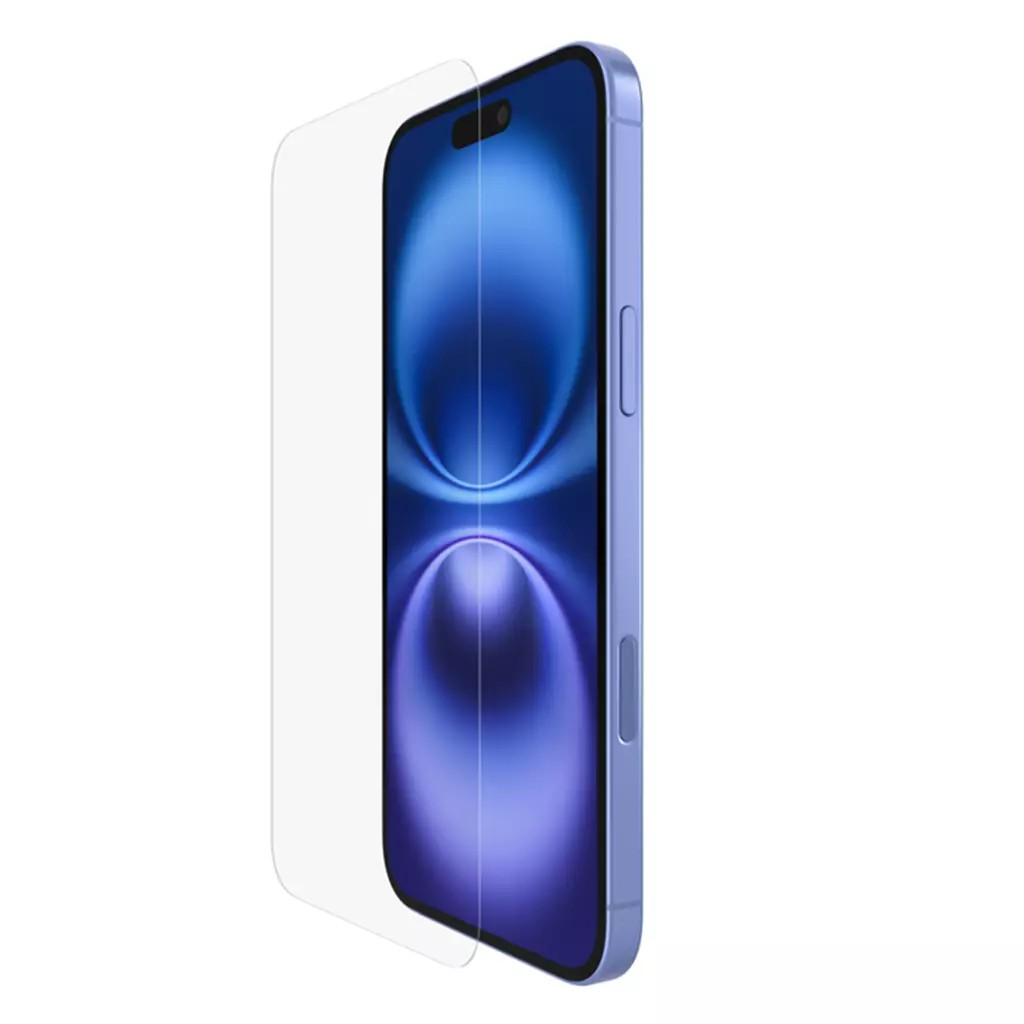 Una protezione schermo trasparente è posizionata su uno smartphone viola.