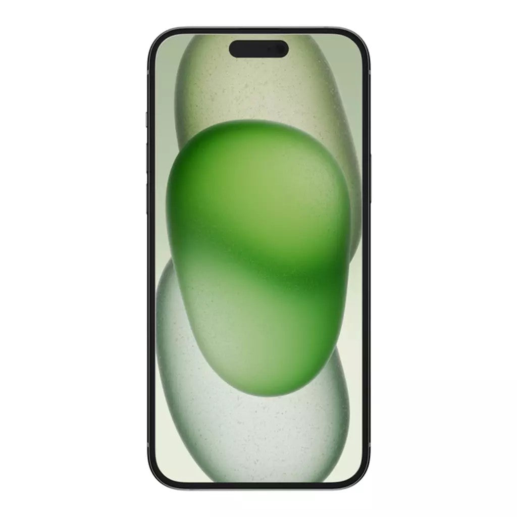 Uno smartphone nero mostra una forma astratta a goccia verde e verde chiaro.