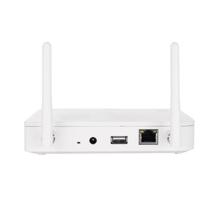 Ein weier WLAN-Router mit zwei Antennen und USB-, Stromanschluss.