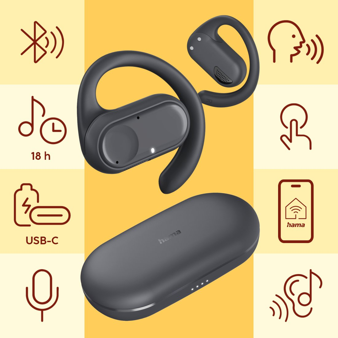 Schwarze kabellose Ohrhörer und Ladehülle. Symbole zeigen Bluetooth, 18h Akku, USB-C, Mikrofon, Sprache, Touch, App.