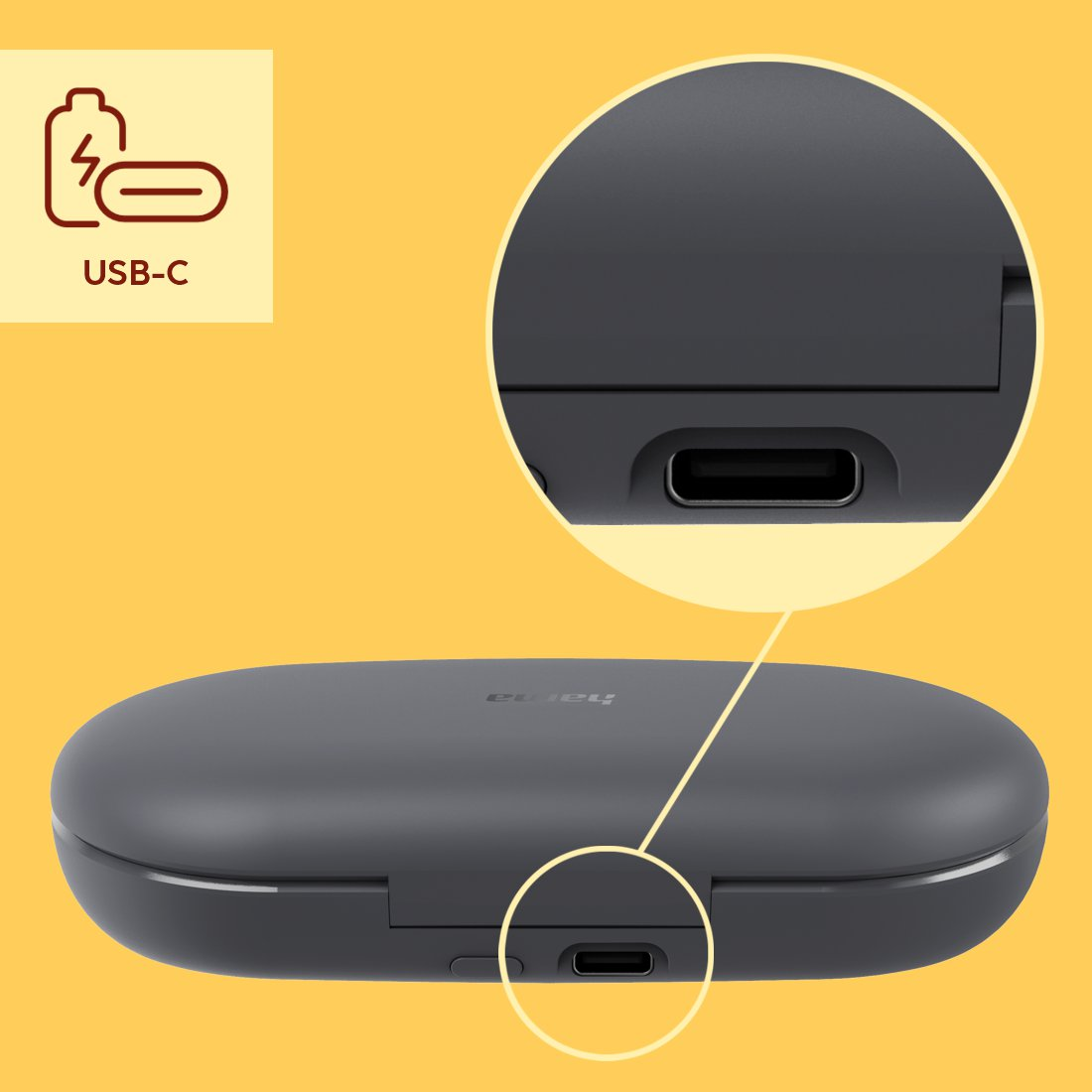 Graues Ladeetui mit USB-C-Anschluss. Nahaufnahme zeigt den Anschluss.