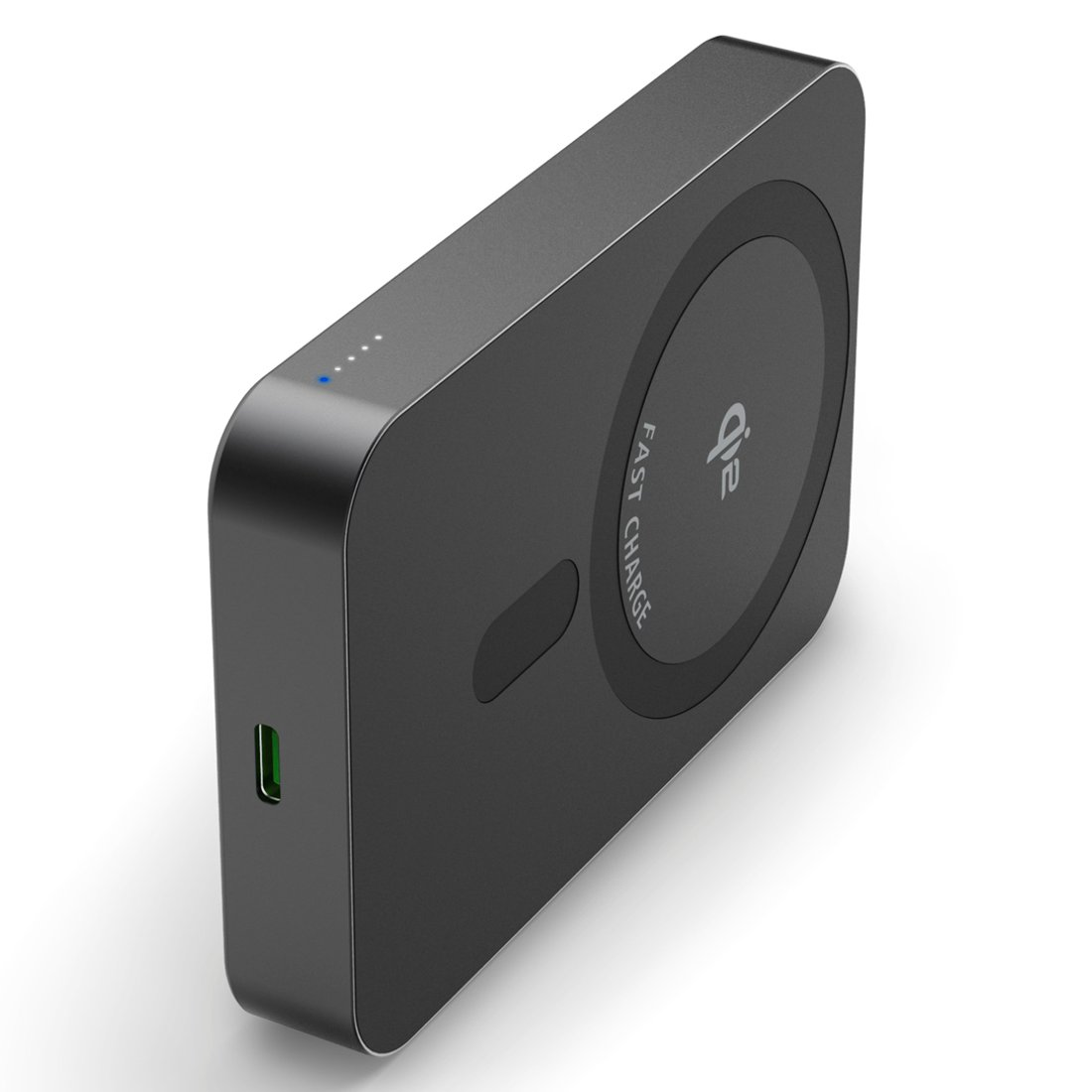 Schwarzes kabelloses Ladegerät mit USB-C-Anschluss und Ladeanzeigen.