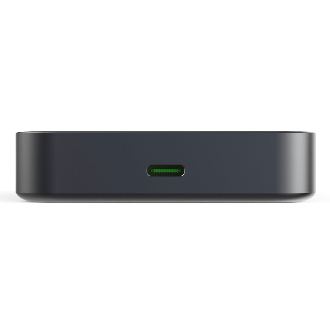 Graues rechteckiges Gerät mit einem grünen USB-C-Anschluss auf der Vorderseite.