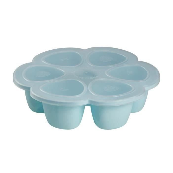 Hellblauer Eiswürfelbehälter mit 6 Fächern in Blumenform mit Deckel.