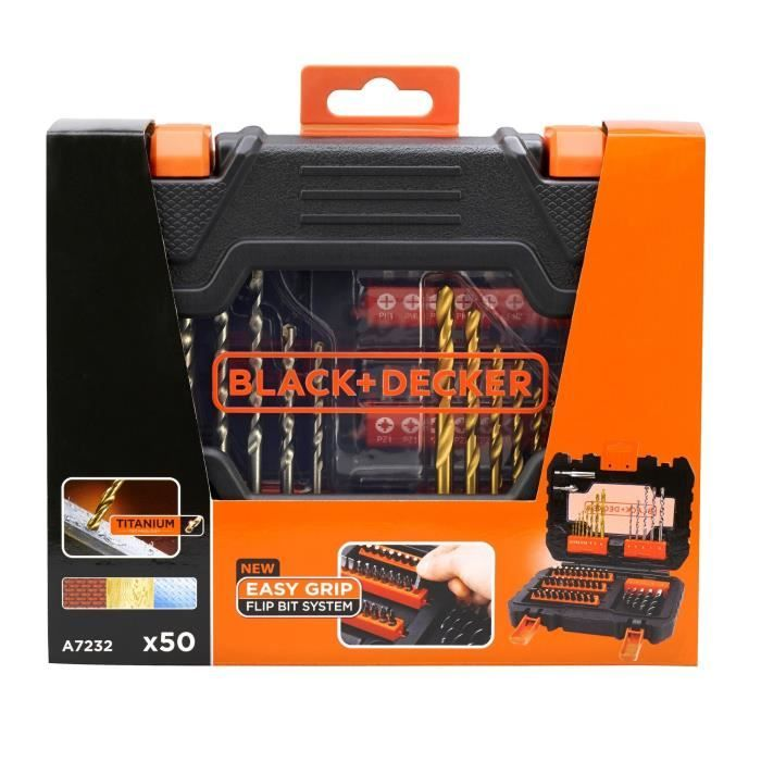 Black+Decker Bohrerset mit 50 Teilen, im schwarz-orangen Koffer.