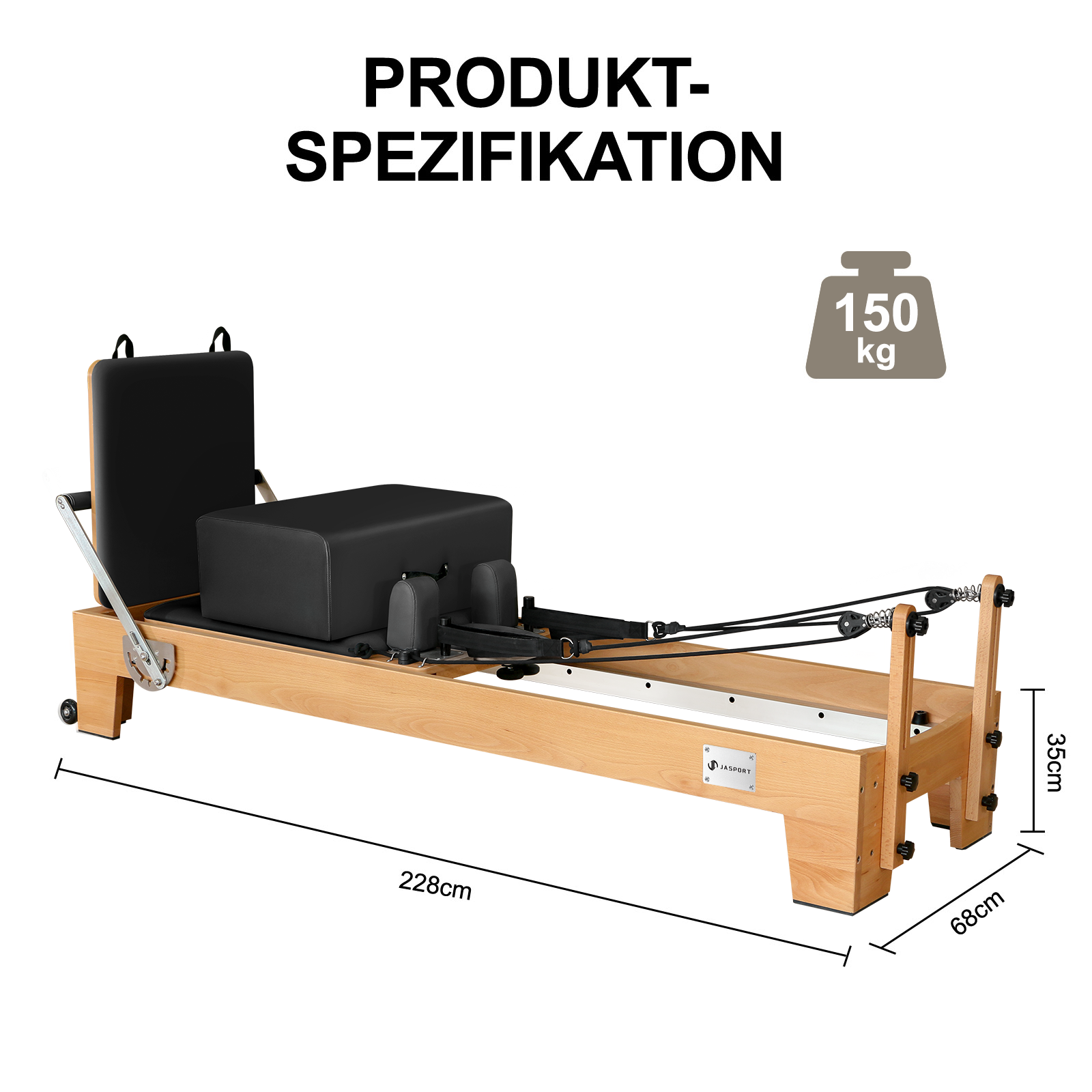 Ein Holz-Pilates-Gerät mit schwarzem Sitz, Rückenlehne und Rollen. Maße: 228x68x35cm. Max. 150kg.