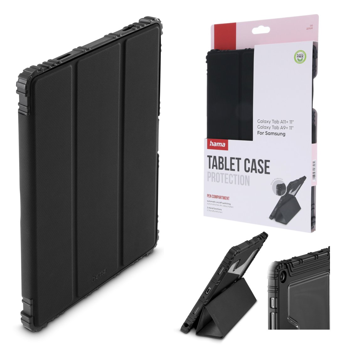 Czarna obudowa na tablet Samsung Galaxy Tab A11+/A9+ z funkcją stojaka.