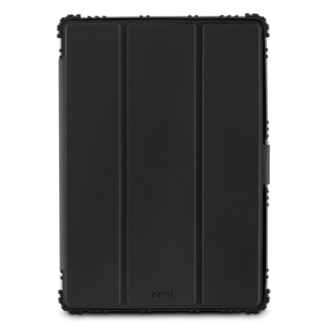 Czarna okładka na tablet z trzema liniami zgięcia i logo Hama.