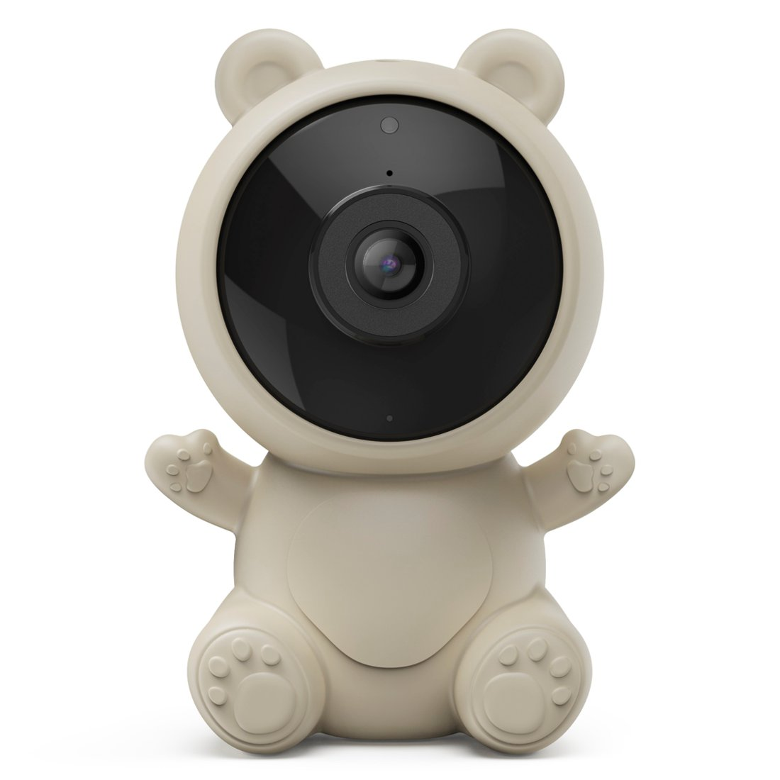 Una telecamera di sicurezza beige a forma di orsacchiotto su sfondo bianco.