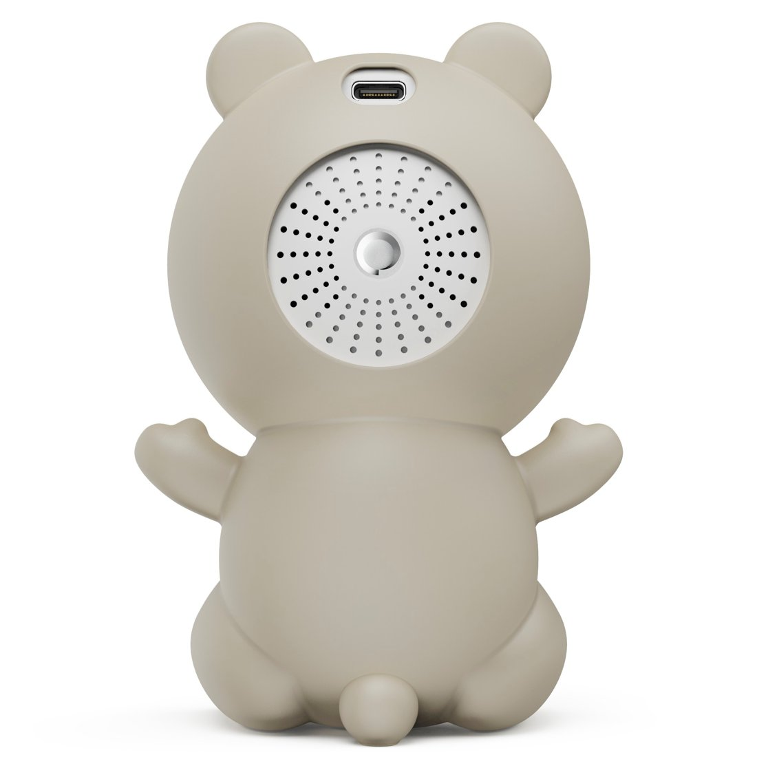 Un dispositivo beige a forma di orso con altoparlante e porta USB.