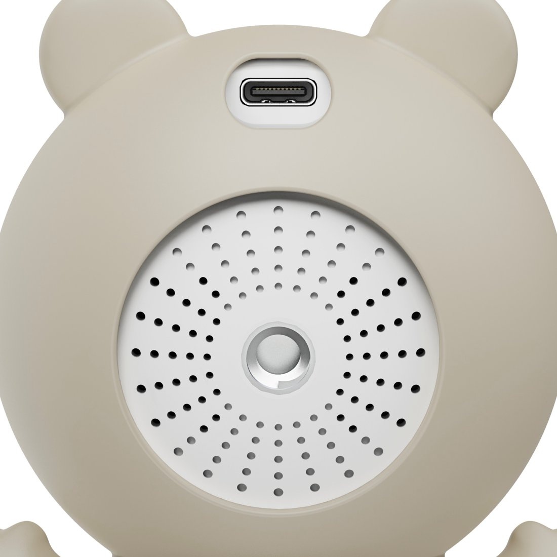 Retro di un dispositivo beige con porta USB-C e griglia dell'altoparlante.