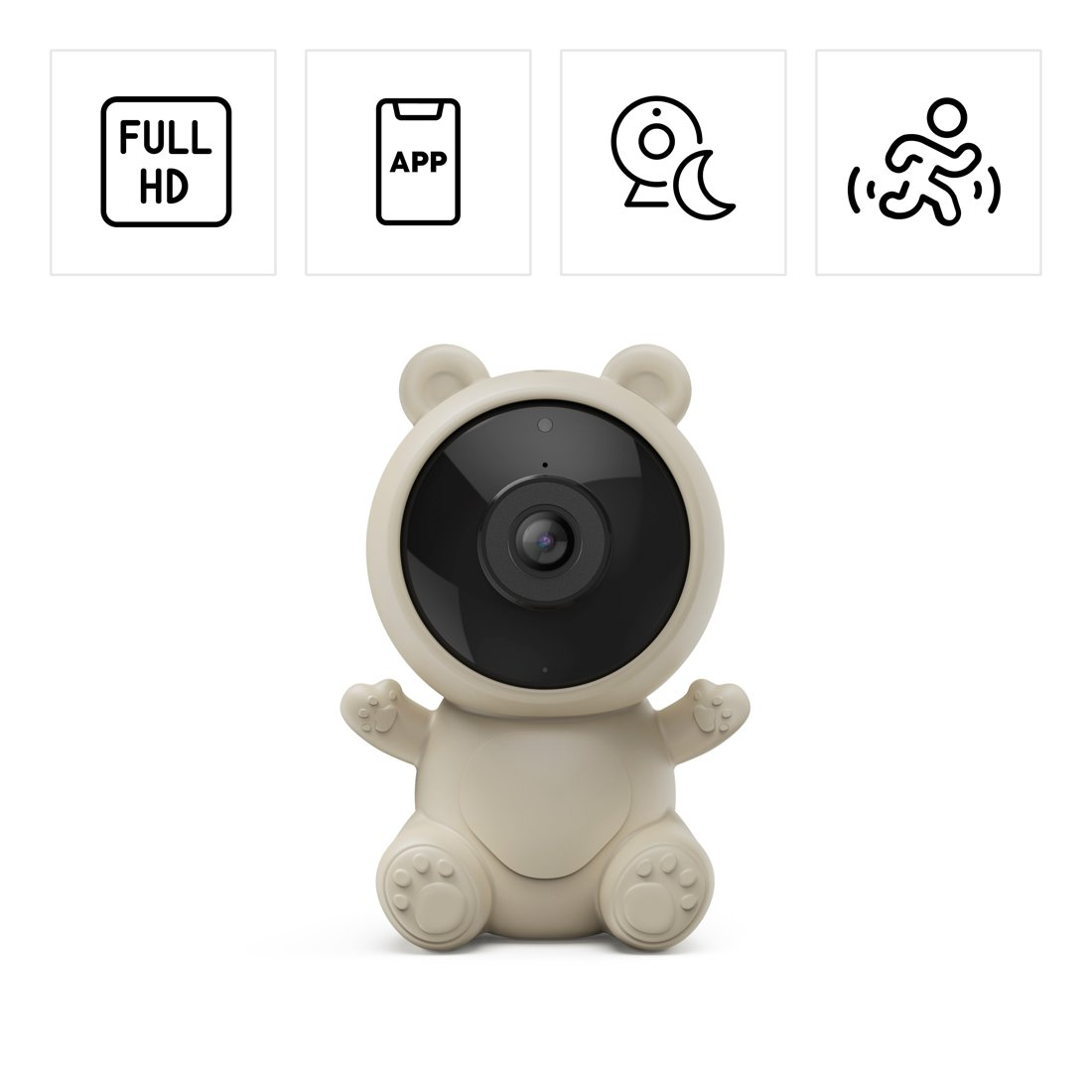 Una fotocamera a orso beige con visione notturna e funzione app.