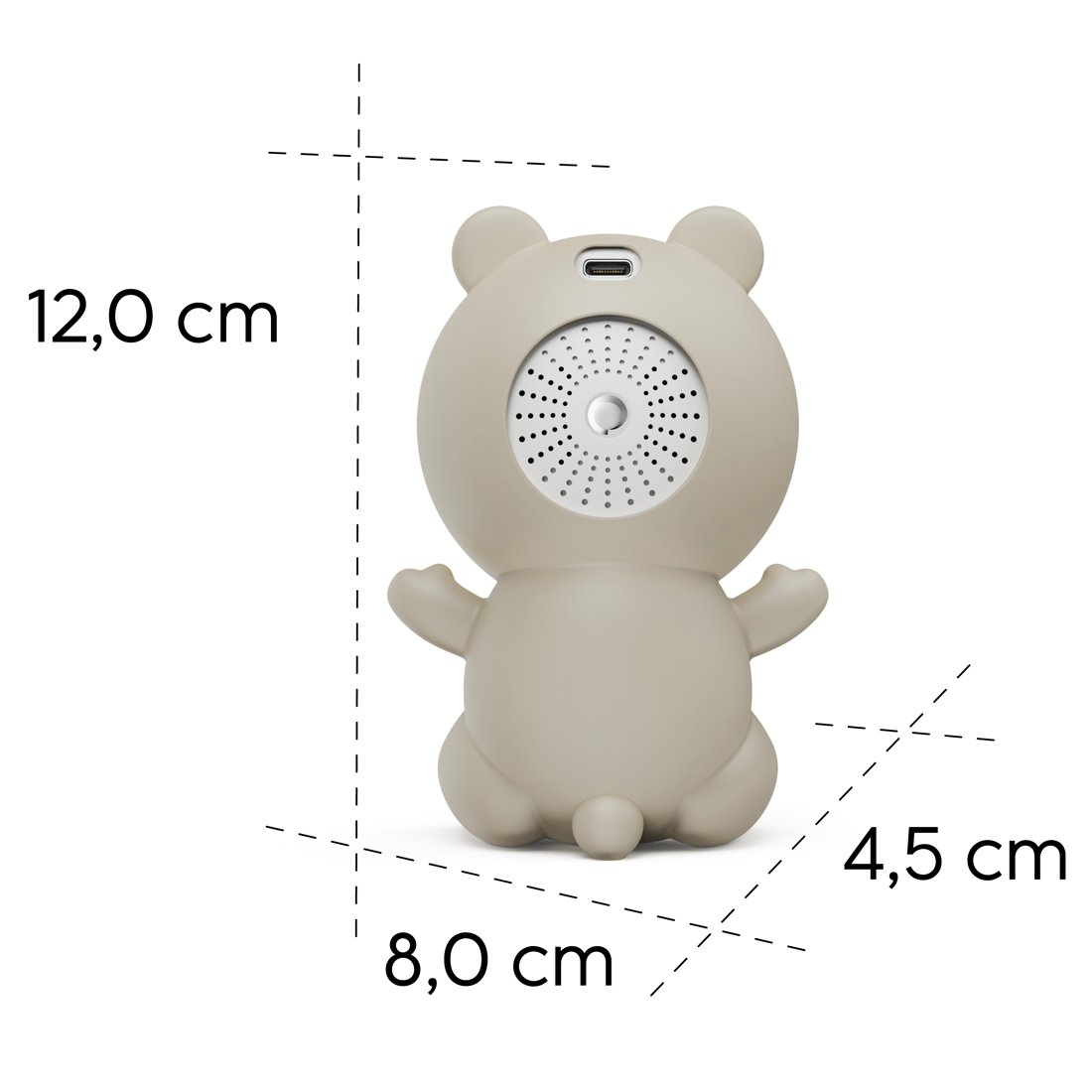 Altoparlante beige a forma di orso, dimensioni 12x8x4,5 cm.