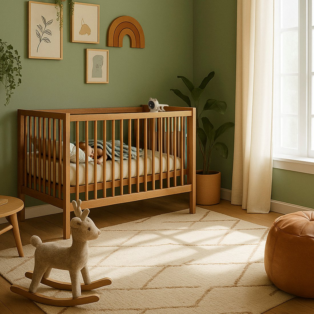 Bambino dorme in una culla di legno, decorata con piante e un arcobaleno.